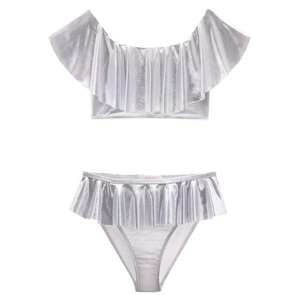 Stella Cove NWT Girls Metallic Silver Ruffle Two Piece Bikini Swimsuit Size 14Y